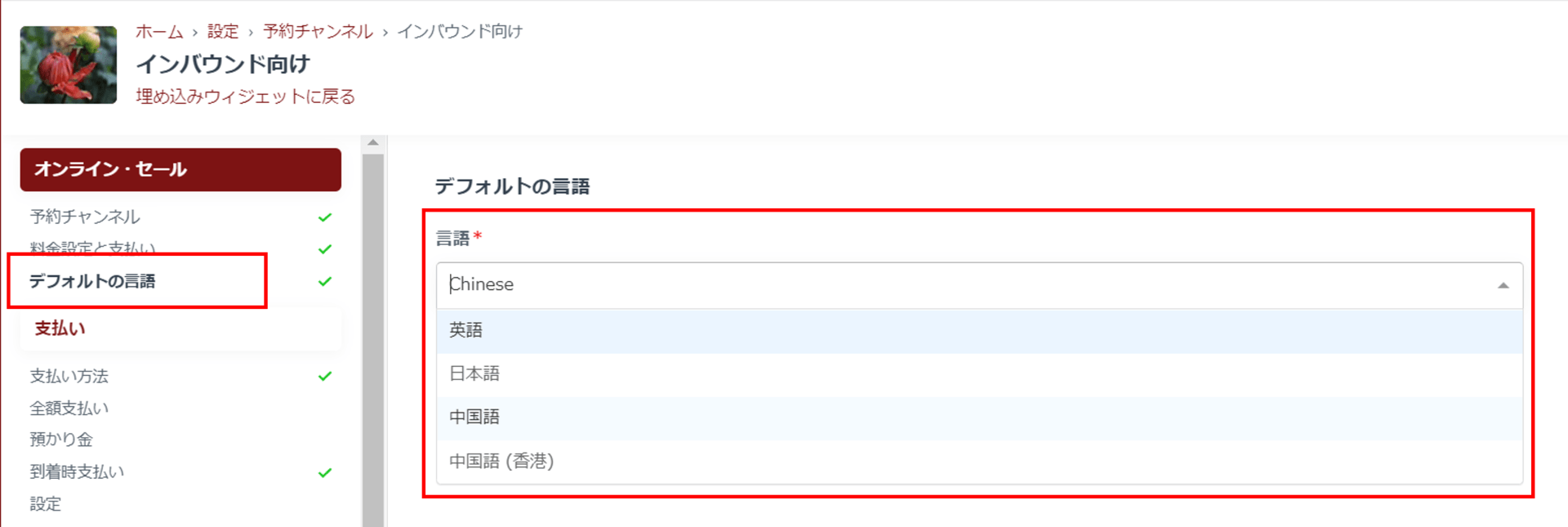 デフォルト言語設定画面